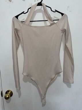 Cream Halter Ribbed Long-Sleeve Bodysuit
